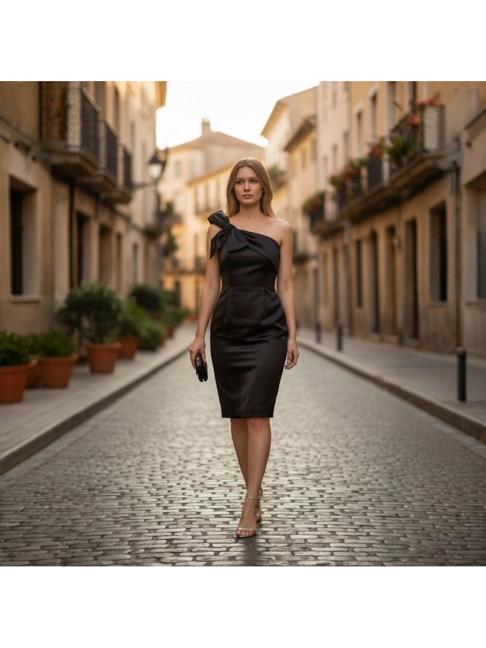 David Meister Chic Black One-Shoulder Dress